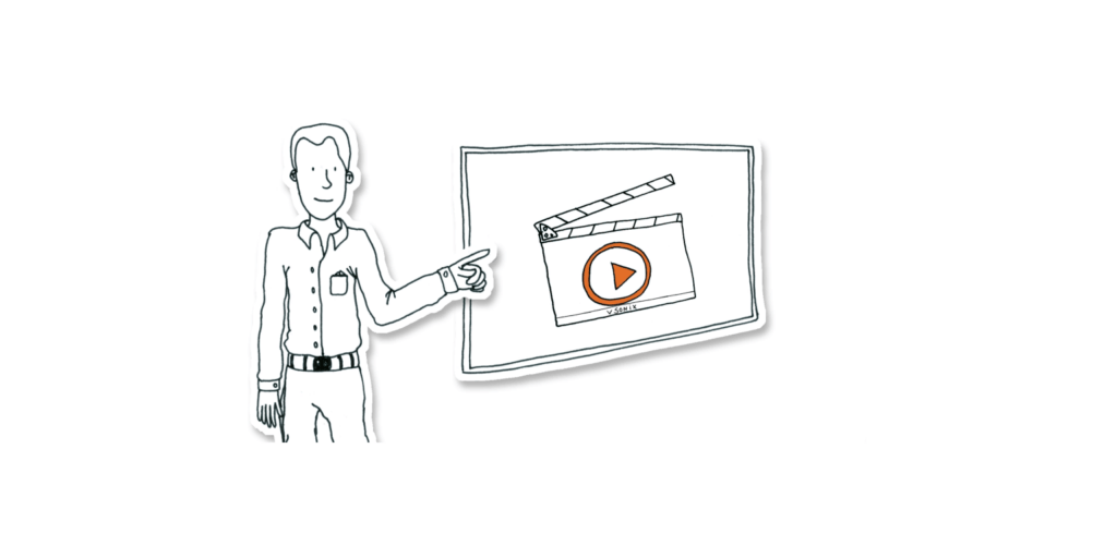 Zeichnung eines Mannes, der vor einem Bildschirm mit einer vsonix-Filmklappe steht und darauf zeigt